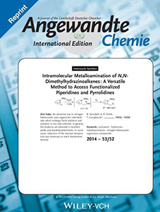 The cover of Angewandte Chemie International Edition, a Reprint, depicting intramolecular metalloamination. 17 December, 2014, Volume 53, Issue 52.