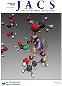 The cover of Journal of the American Chemical Society, depicitng a simulation snapshot of Na interacting with glycerol. February 26, 2014, Volume 136, Issue 8.