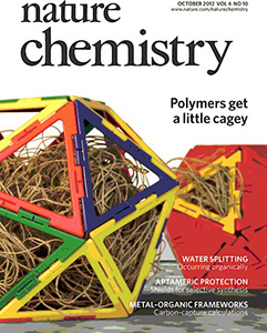 The cover of Nature Chemistry, shows a schematic representation of interaction inside protein cages. Polymers get a little cagey. October 2012, Volume 4, Issue 10.