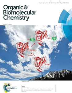 The cover of Organic & Biomolecular Chemistry, depicting the conversion of residues to mixed disulfides over a picture of a cloudy sky.  28 October 2014, Volume 12, Number 40, Pages 7867-8101.